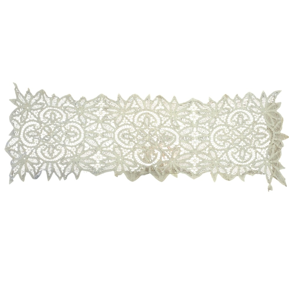 Vintage‎ Handmade Battenberg Lace Table Runner Off White Floral Dresser Scarf